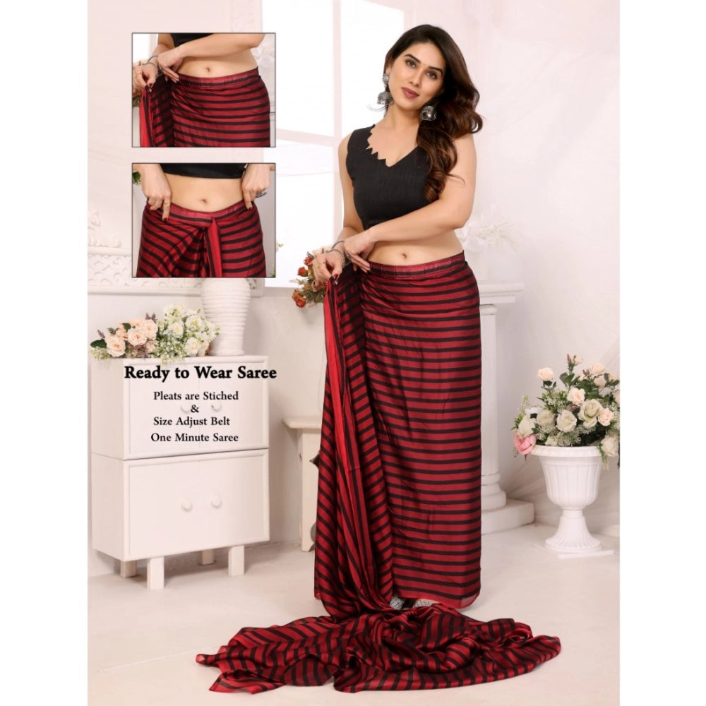 Generic Women's  Black Berry Striped Ready-to-Wear Saree With Unstitched Blouse 5.5 Mtr (Red-Black)