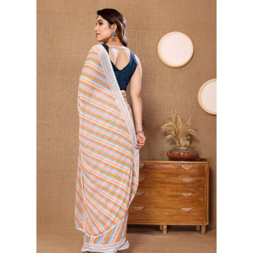 Generic Women's Small Lace Georgette Striped Ready-to-Wear Saree With Unstitched Blouse 5.5 Mtr (Orange)