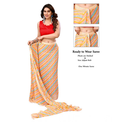 Generic Women's Small Lace Georgette Striped Ready-to-Wear Saree With Unstitched Blouse 5.5 Mtr (Yellow)