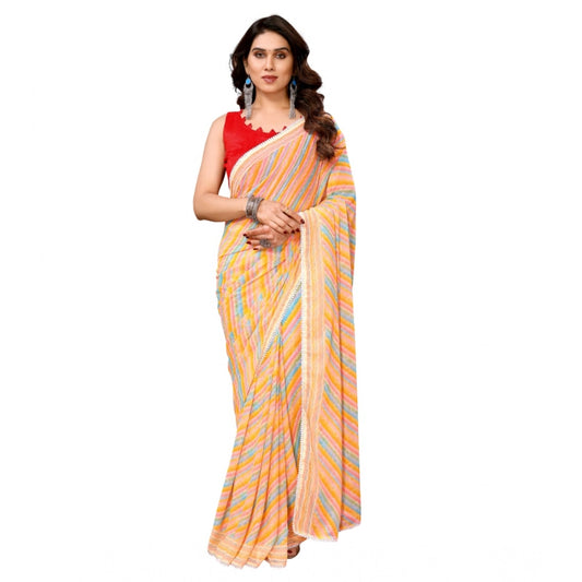 Generic Women's Small Lace Georgette Striped Ready-to-Wear Saree With Unstitched Blouse 5.5 Mtr (Yellow)