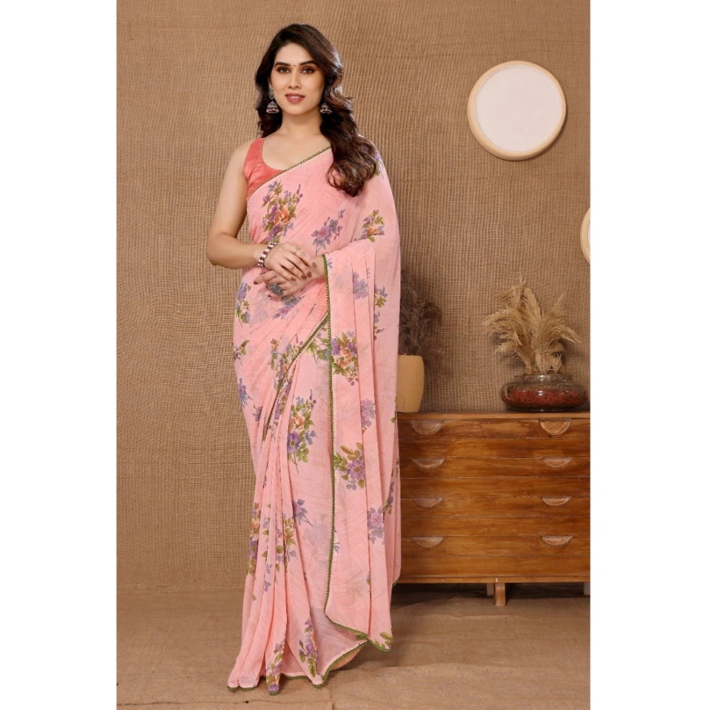 Generic Women's Small Lace Georgette Printed Ready-to-Wear Saree With Unstitched Blouse 5.5 Mtr (Peach)