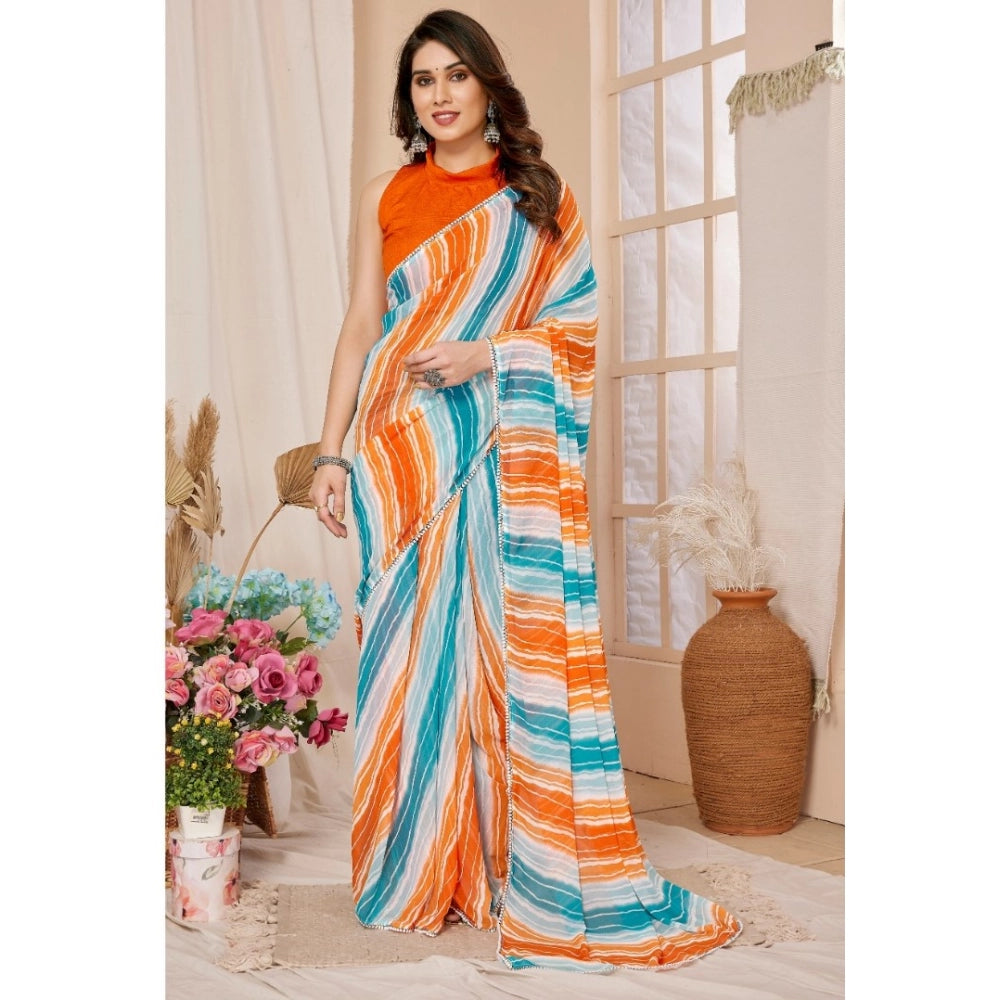 Generic Women's Small Lace Georgette Striped Ready-to-Wear Saree With Unstitched Blouse 5.5 Mtr (Multicolor)