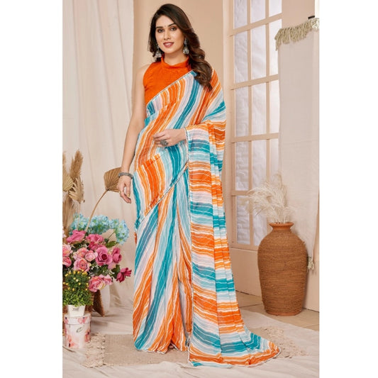 Generic Women's Small Lace Georgette Striped Ready-to-Wear Saree With Unstitched Blouse 5.5 Mtr (Multicolor)