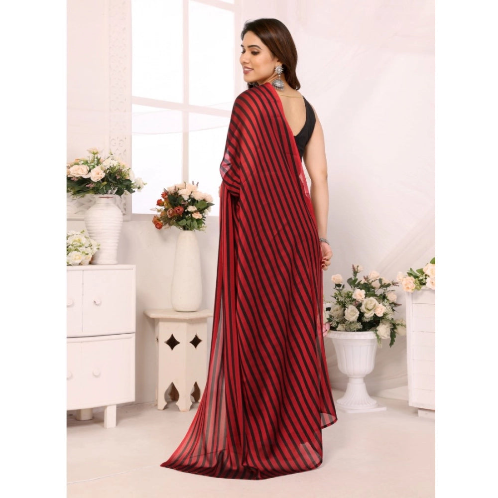 Generic Women's  Black Berry Striped Ready-to-Wear Saree With Unstitched Blouse 5.5 Mtr (Red-Black)