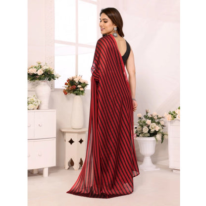 Generic Women's  Black Berry Striped Ready-to-Wear Saree With Unstitched Blouse 5.5 Mtr (Red-Black)