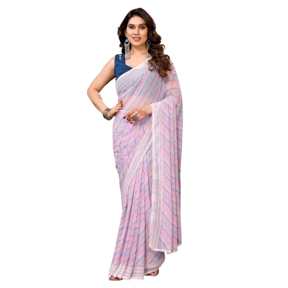 Generic Women's Small Lace Georgette Striped Ready-to-Wear Saree With Unstitched Blouse 5.5 Mtr (Purple)