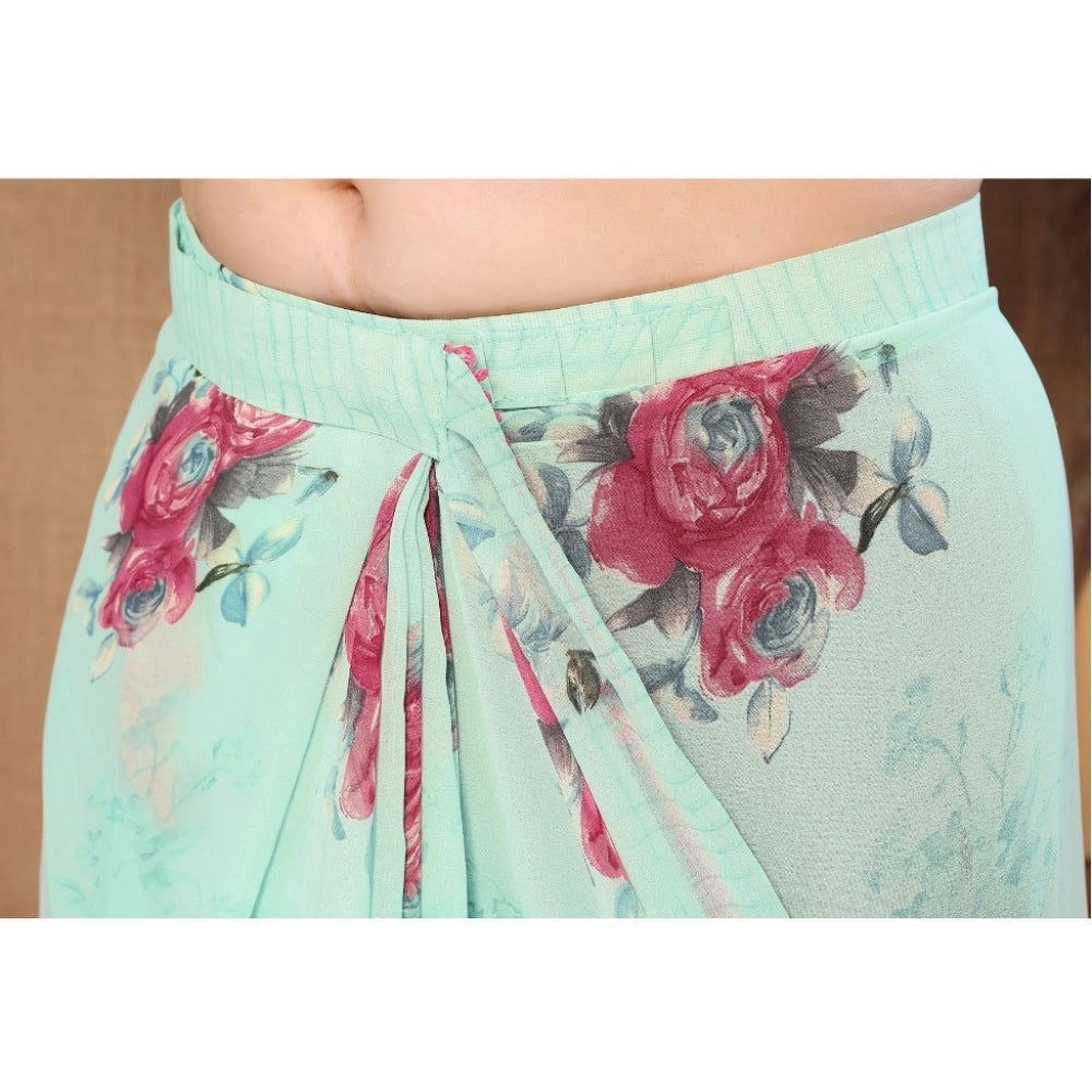 Generic Women's Small Lace Georgette Printed Ready-to-Wear Saree With Unstitched Blouse 5.5 Mtr (Turquoise)