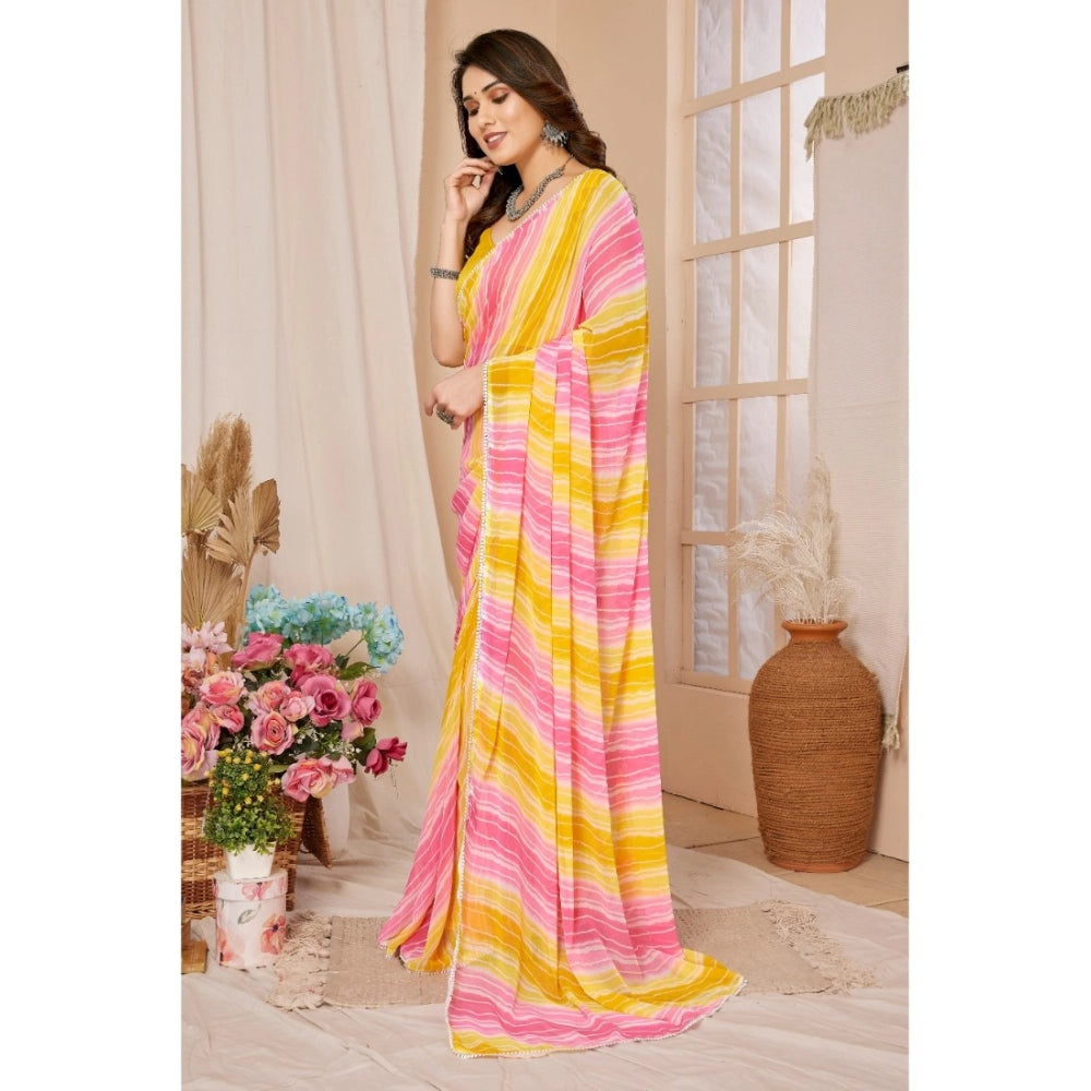 Generic Women's Small Lace Georgette Striped Ready-to-Wear Saree With Unstitched Blouse 5.5 Mtr (Yellow-Pink)