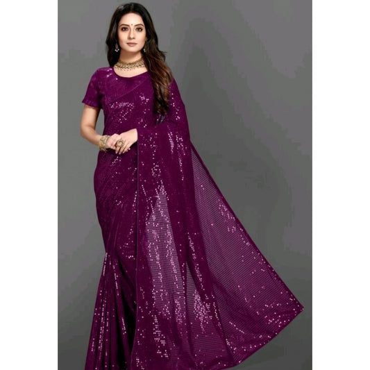 Generic Women's Georgette Embellished Sequnece Bollywood Saree With Unstitched Blouse 5.5Mtr (Purple)