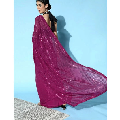 Generic Women's Georgette Embellished Sequnece Bollywood Saree With Unstitched Blouse 5.5Mtr (Wine)