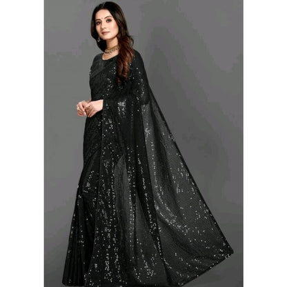 Generic Women's Georgette Embellished Sequnece Bollywood Saree With Unstitched Blouse 5.5Mtr (Black)