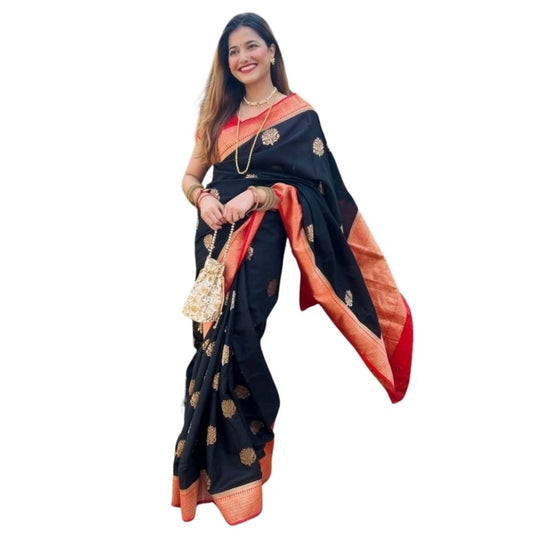 Generic Women's Silk Printed Saree With Unstitched Blouse 5.5Mtr (Black-Red)