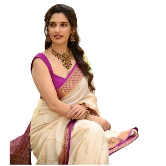 Generic Women's Silk Printed Saree With Unstitched Blouse 5.5Mtr (Off White-Pink)