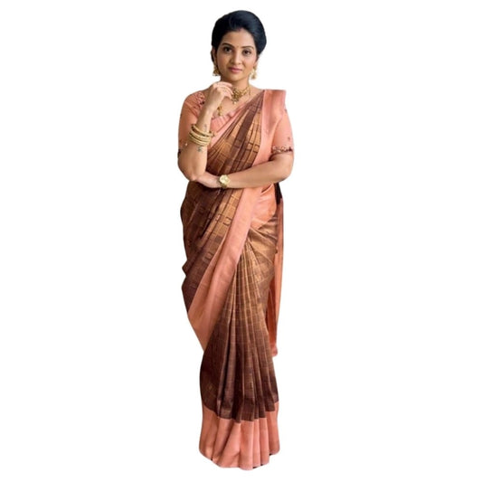Generic Women's Silk Printed Saree With Unstitched Blouse 5.5Mtr (Brown)