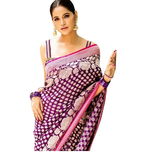 Generic Women's Silk Printed Saree With Unstitched Blouse 5.5Mtr (Purple)