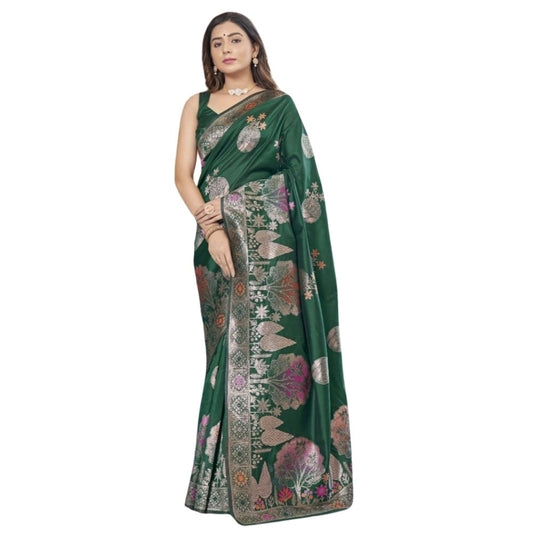 Generic Women's Silk Printed Saree With Unstitched Blouse 5.5Mtr (Green)