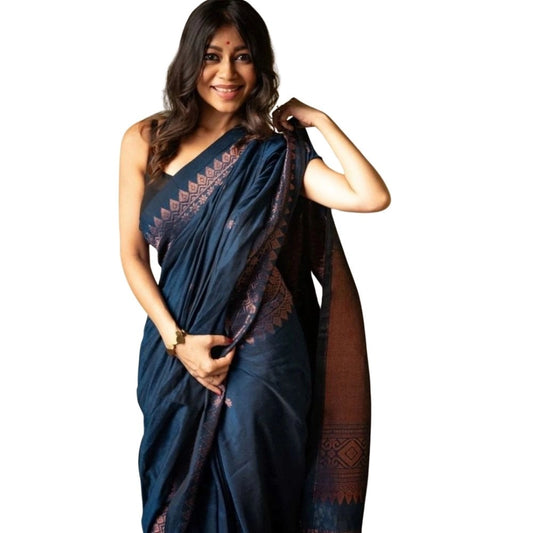 Generic Women's Silk Printed Saree With Unstitched Blouse 5.5Mtr (Navy Blue)
