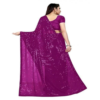 Generic Women's Georgette Embellished Sequnece Bollywood Saree With Unstitched Blouse 5.5Mtr (Purple)