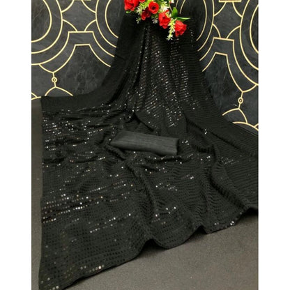 Generic Women's Georgette Embellished Sequnece Bollywood Saree With Unstitched Blouse 5.5Mtr (Black)