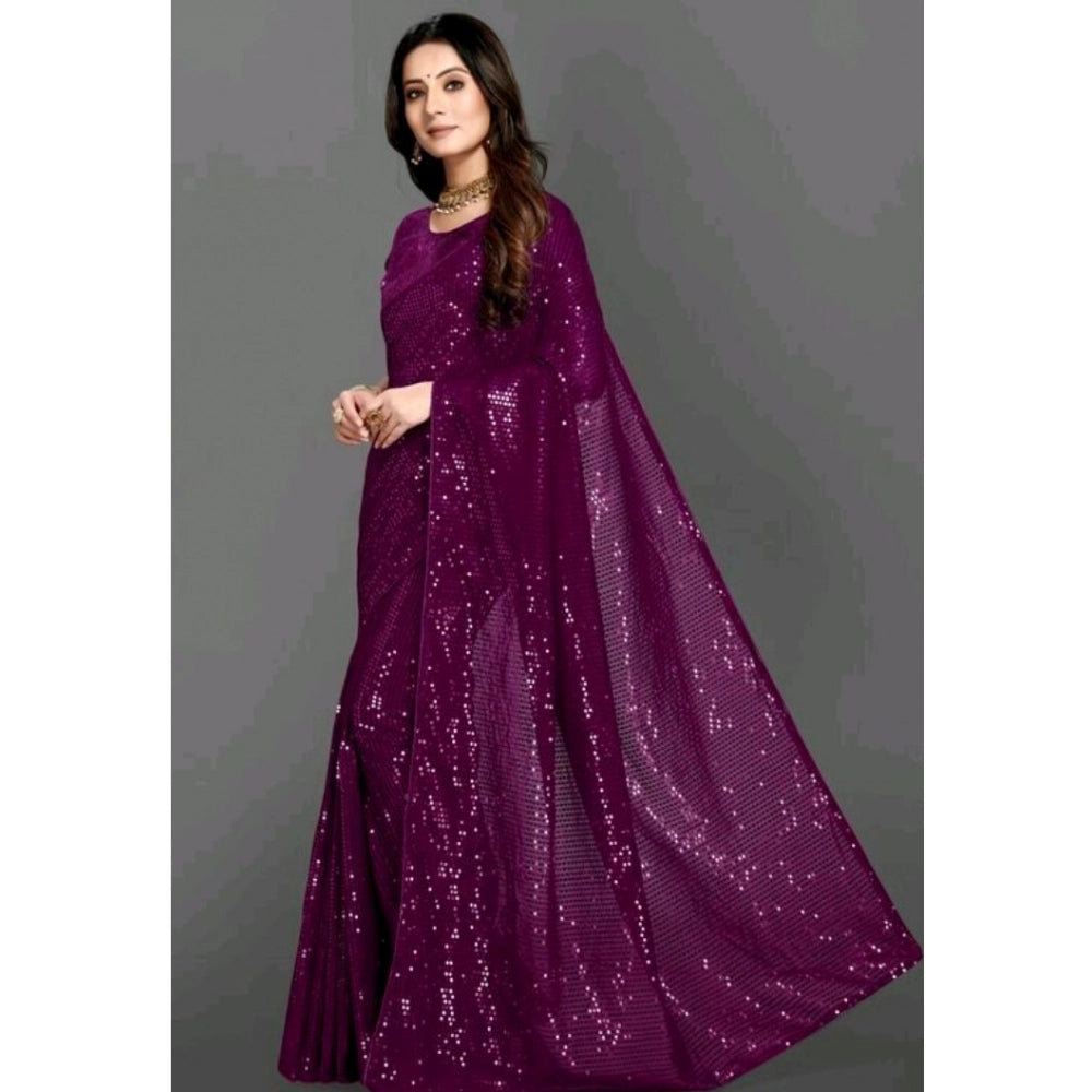 Generic Women's Georgette Embellished Sequnece Bollywood Saree With Unstitched Blouse 5.5Mtr (Purple)