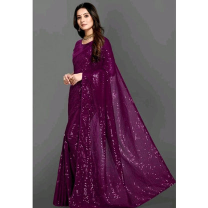 Generic Women's Georgette Embellished Sequnece Bollywood Saree With Unstitched Blouse 5.5Mtr (Purple)
