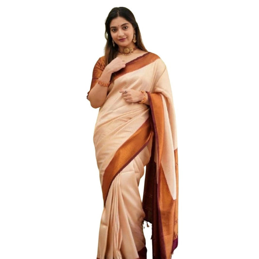 Generic Women's Silk Printed Saree With Unstitched Blouse 5.5Mtr (Cream)