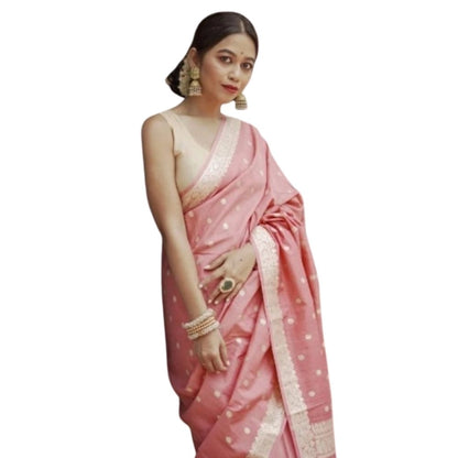 Generic Women's Cotton  Printed Saree With Unstitched Blouse 5.5Mtr (Peach)