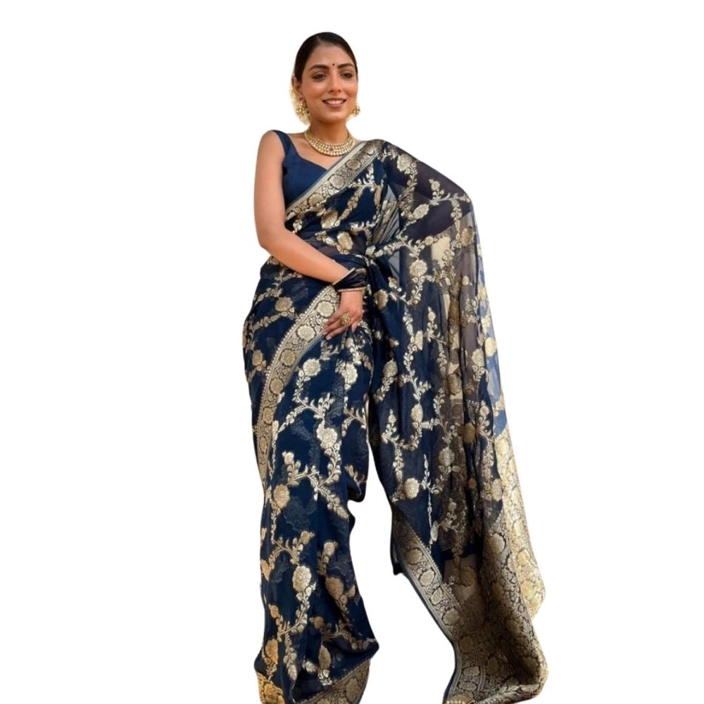 Generic Women's Silk Printed Saree With Unstitched Blouse 5.5Mtr (Dark Blue)