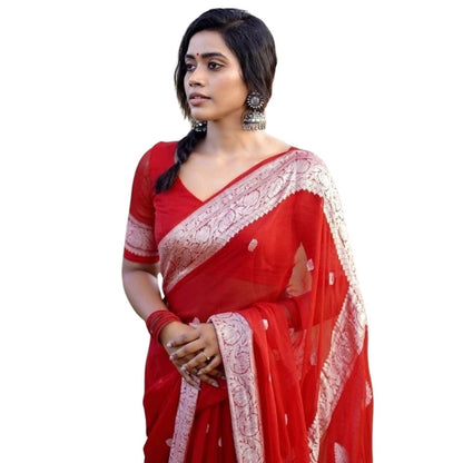 Generic Women's Cotton  Printed Saree With Unstitched Blouse 5.5Mtr (Red)