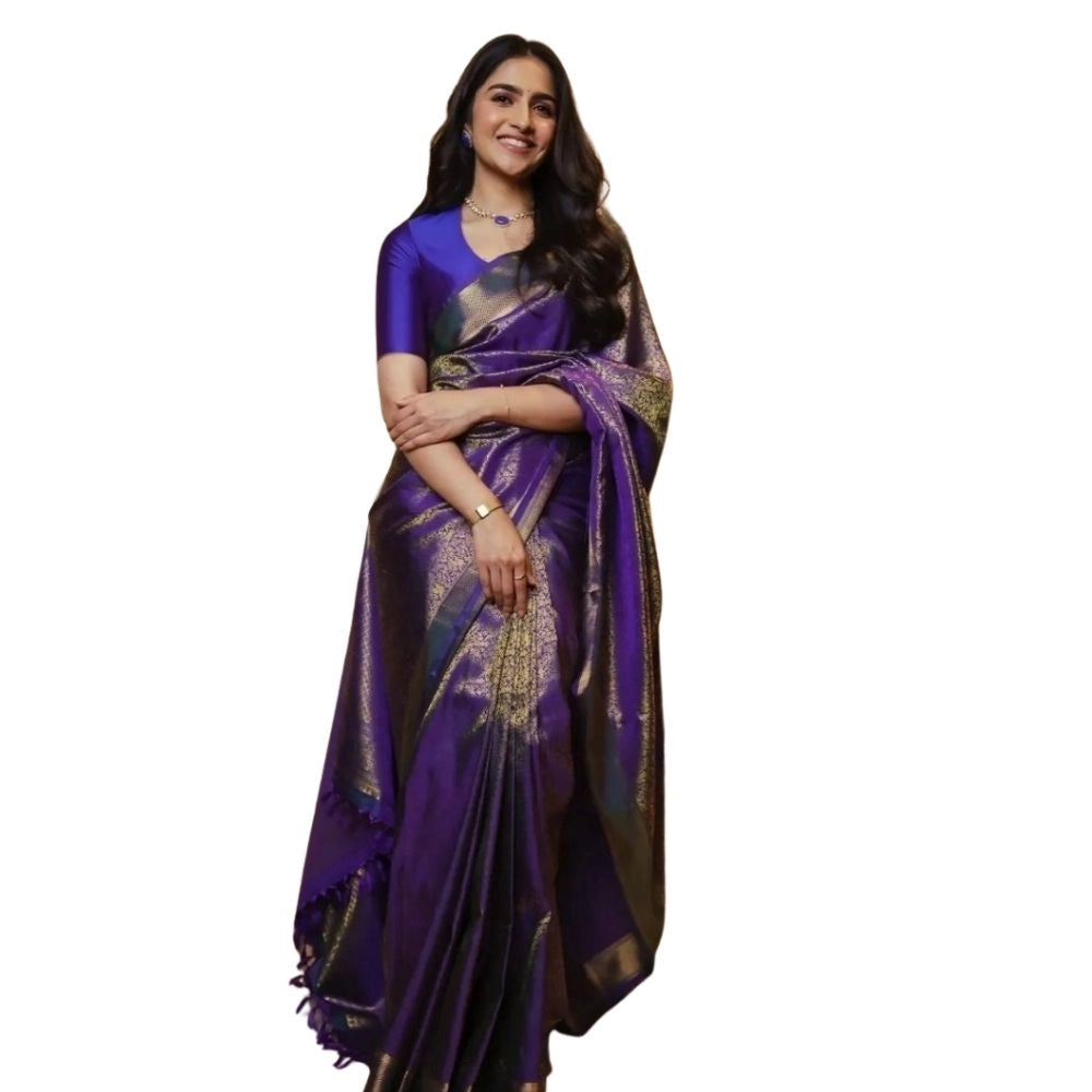 Generic Women's Silk Printed Saree With Unstitched Blouse 5.5Mtr (Purple)