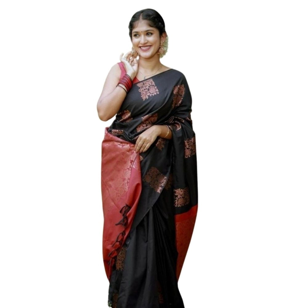 Generic Women's Silk Printed Saree With Unstitched Blouse 5.5Mtr (Black-Red)