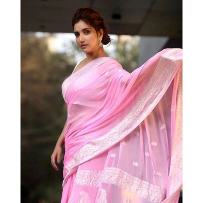 Generic Women's Cotton  Printed Saree With Unstitched Blouse 5.5Mtr (Pink)