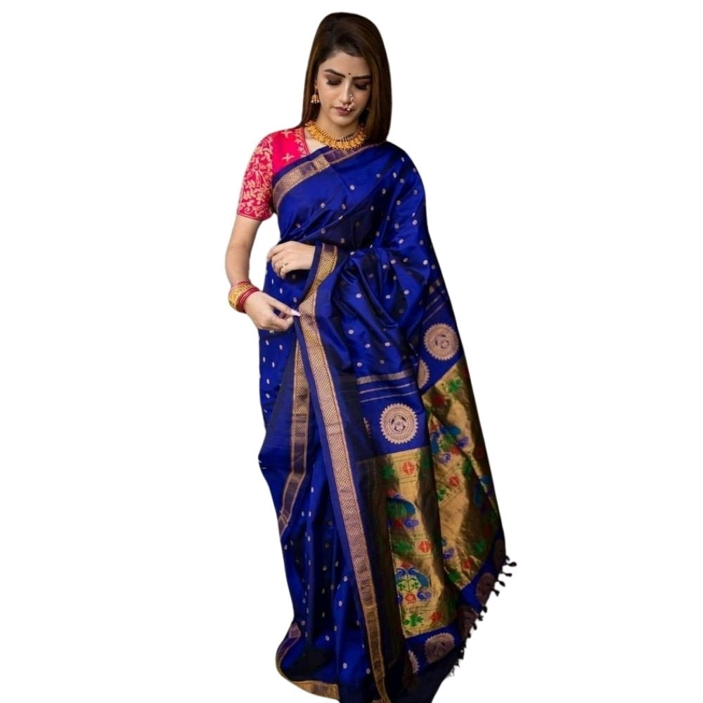 Generic Women's Silk Printed Saree With Unstitched Blouse 5.5Mtr (Blue)