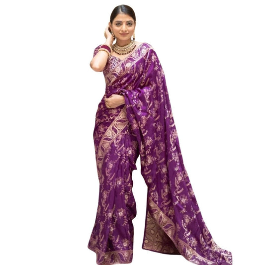 Generic Women's Silk Printed Saree With Unstitched Blouse 5.5Mtr (Purple)