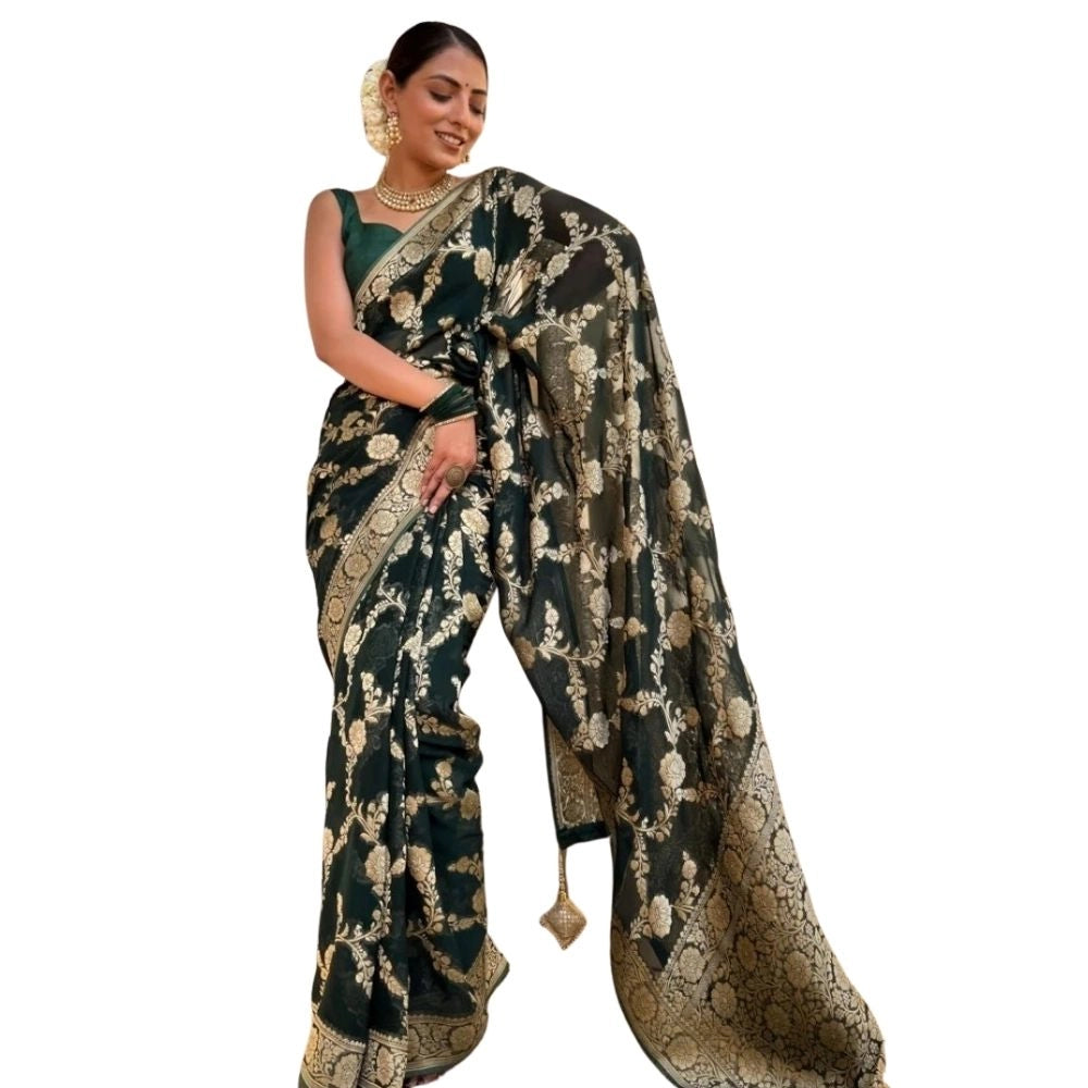 Generic Women's Silk Printed Saree With Unstitched Blouse 5.5Mtr (Dark Green)