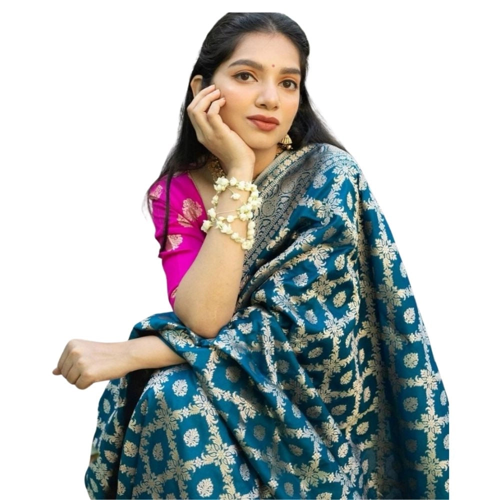 Generic Women's Silk Printed Saree With Unstitched Blouse 5.5Mtr (Sky Blue)