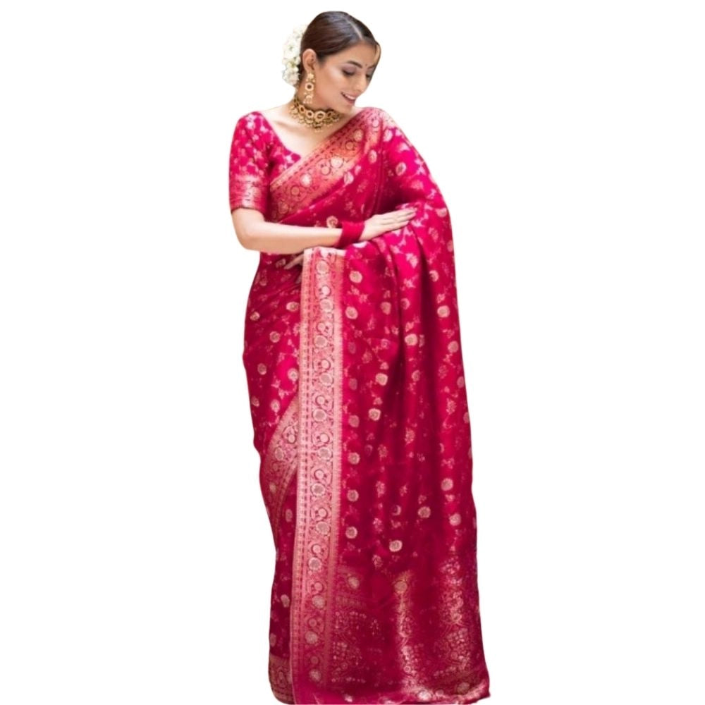 Generic Women's Silk Printed Saree With Unstitched Blouse 5.5Mtr (Rani Pink)