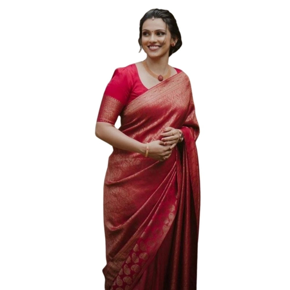 Generic Women's Silk Printed Saree With Unstitched Blouse 5.5Mtr (Red)