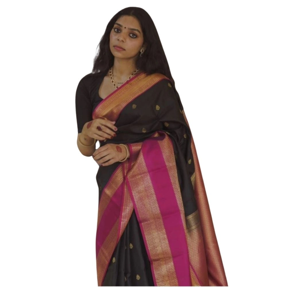 Generic Women's Silk Printed Saree With Unstitched Blouse 5.5Mtr (Black-Pink)