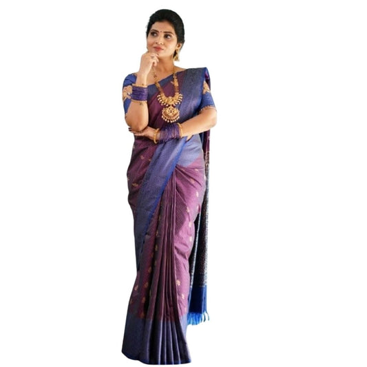 Generic Women's Silk Printed Saree With Unstitched Blouse 5.5Mtr (Purple)