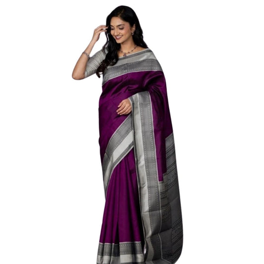 Generic Women's Silk Printed Saree With Unstitched Blouse 5.5Mtr (Purple)