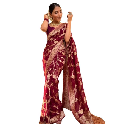 Generic Women's Silk Printed Saree With Unstitched Blouse 5.5Mtr (Maroon)