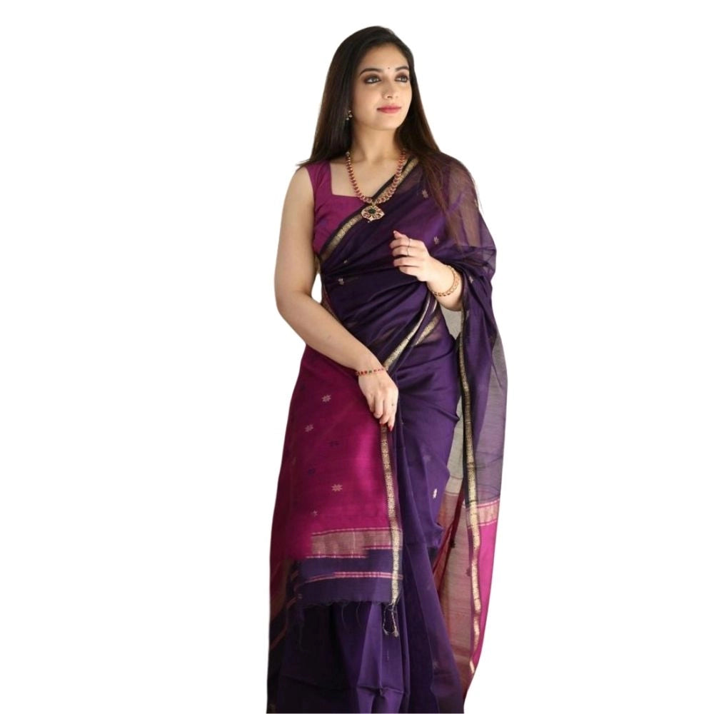Generic Women's Cotton  Printed Saree With Unstitched Blouse 5.5Mtr (Navy Blue)