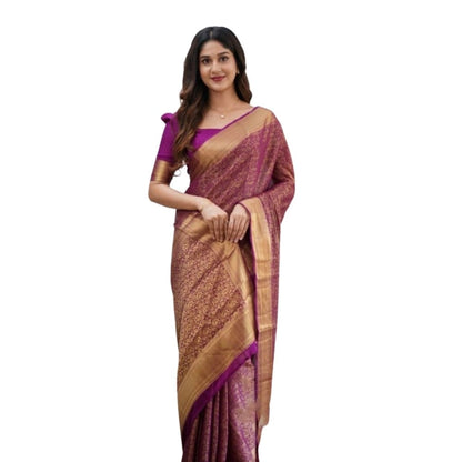 Generic Women's Silk Printed Saree With Unstitched Blouse 5.5Mtr (Wine)