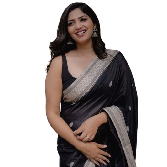 Generic Women's Silk Printed Saree With Unstitched Blouse 5.5Mtr (Black)