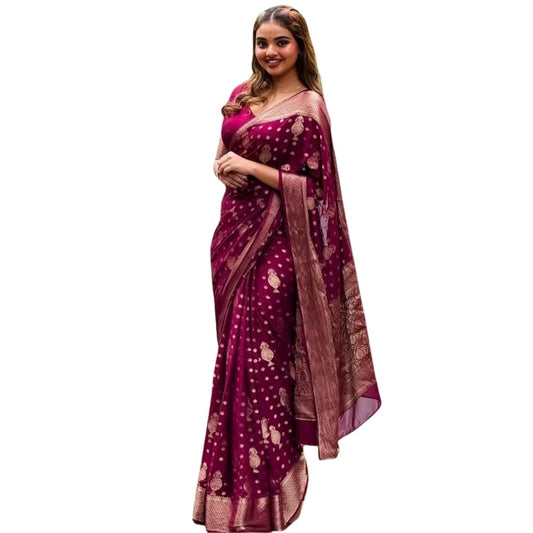 Generic Women's Silk Printed Saree With Unstitched Blouse 5.5Mtr (Wine)