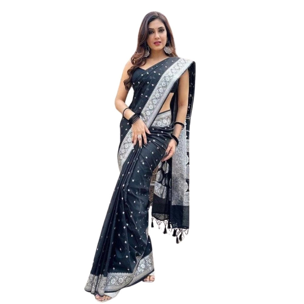 Generic Women's Silk Printed Saree With Unstitched Blouse 5.5Mtr (Black)