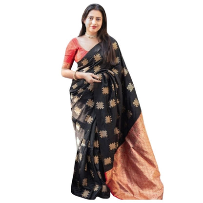 Generic Women's Silk Printed Saree With Unstitched Blouse 5.5Mtr (Blacl-Orange)