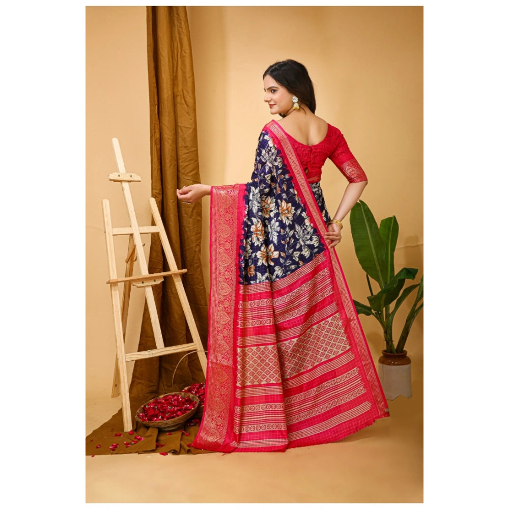 Generic Women's Soft Dola Cotton Kalamkari Printed Saree With Unstitched Blouse 5.5Mtr (Navy Blue)