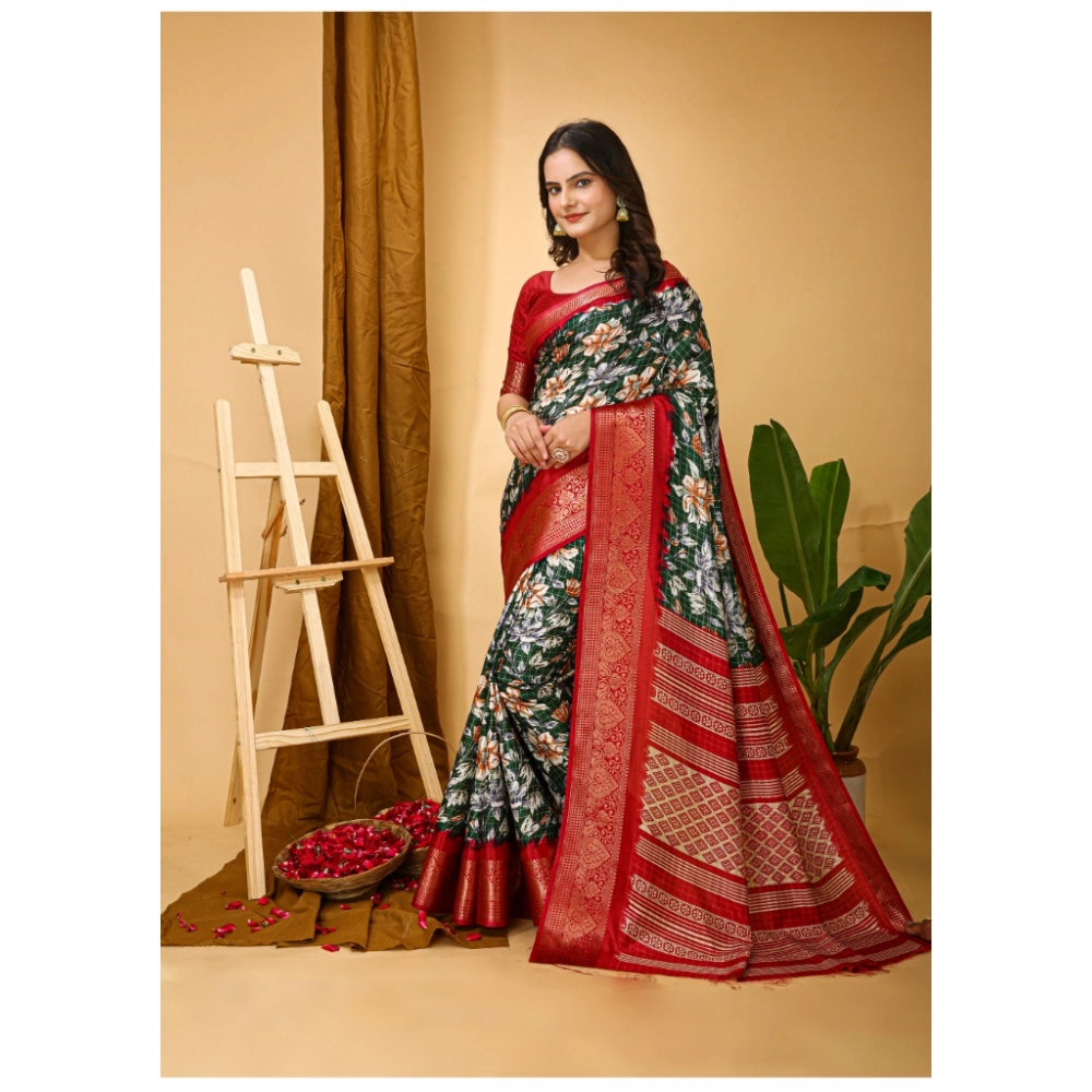 Generic Women's Soft Dola Cotton Kalamkari Printed Saree With Unstitched Blouse 5.5Mtr (Green)